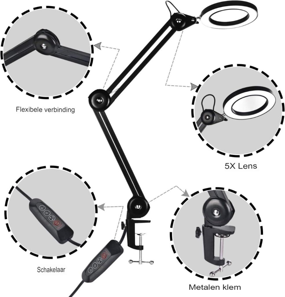 LED vergrootlamp met loep, 2x vergroting en 3 dioptrie, 10W, zwart