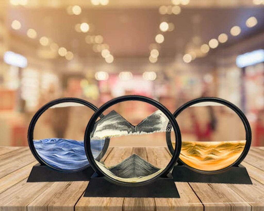Dynamische zandloper met bewegende zandkunst en decoratieve zandpatronen
