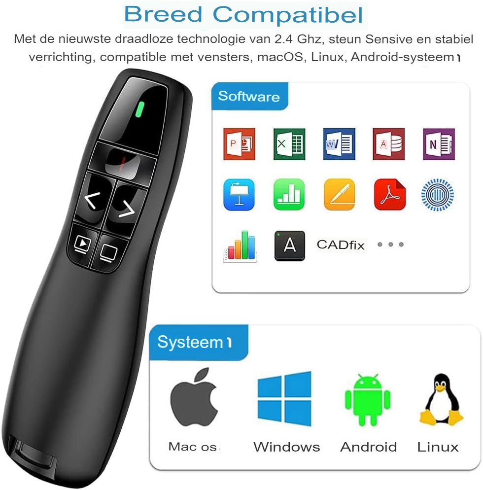 Draadloze PowerPoint presentatie clicker met laserpointer en USB-ontvanger, 30 meter bereik