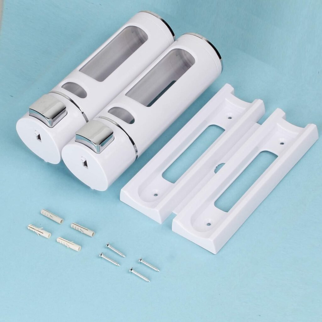 Witte zeepdispenser set 2x 400 ml van ABS kunststof voor douchegel, shampoo en handzeep, handmatige wanddispenser voor badkamer en toilet.