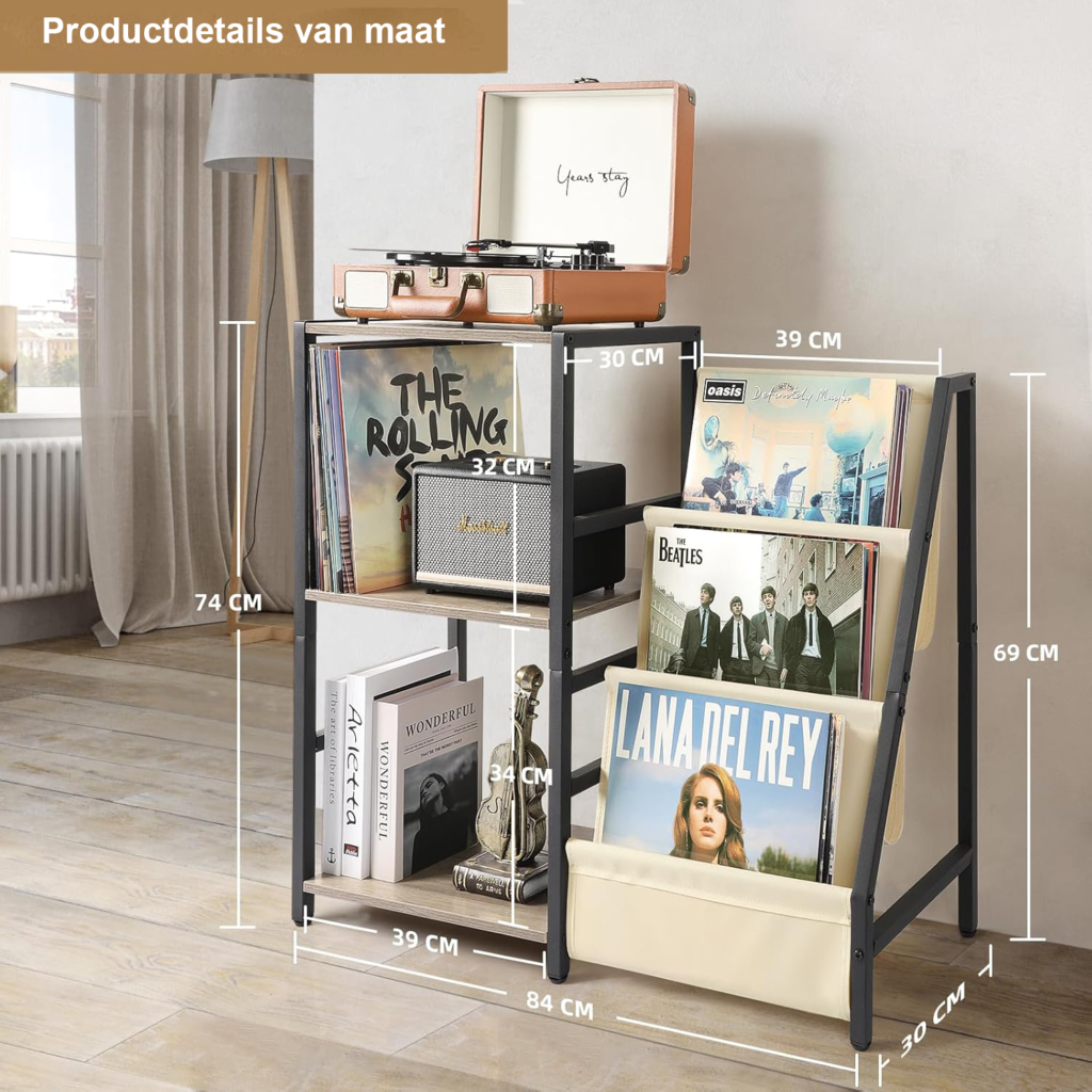 Draaiplatform tafel met 3 niveaus voor vinyl platen en platenspeler standaard wit modern design voor woonkamer