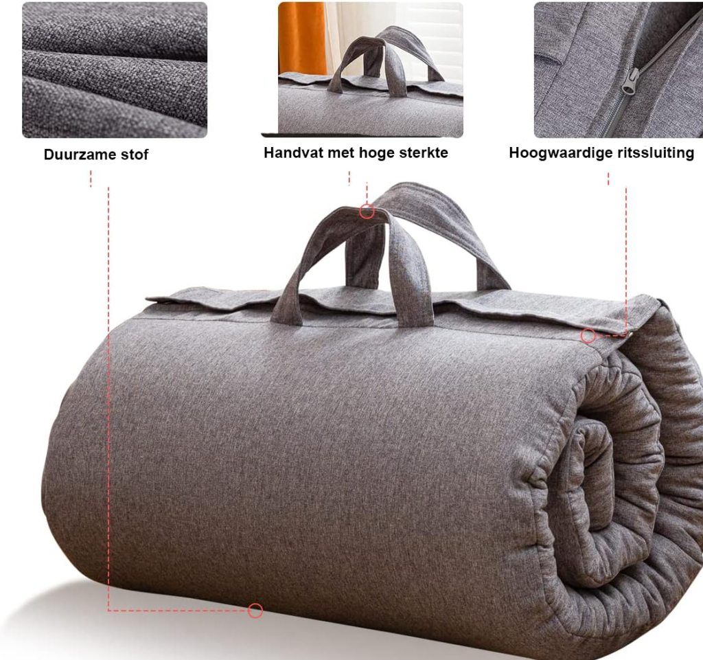 Opvouwbaar futon matras van memory foam met handvat en rits, draagbare slaapmat 190x90 cm voor camping, logeerbed en auto