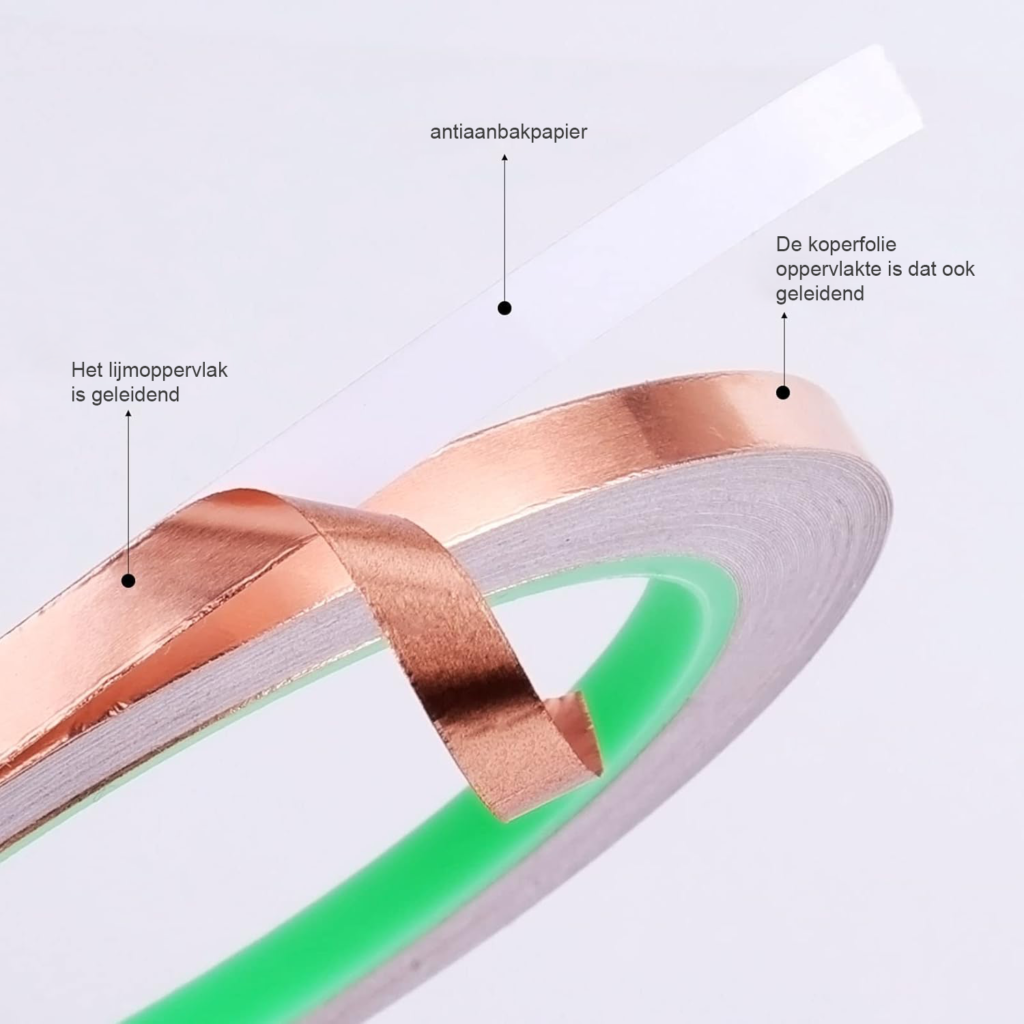 Koperfolie tape dubbelzijdig geleidend 20m x 6mm voor EMI-afscherming, glas-in-lood en ambachten