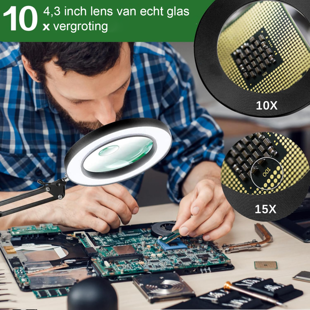 Vergrootglas met LED verlichting en standaard, 10x vergroting voor lezen, repareren en handwerken