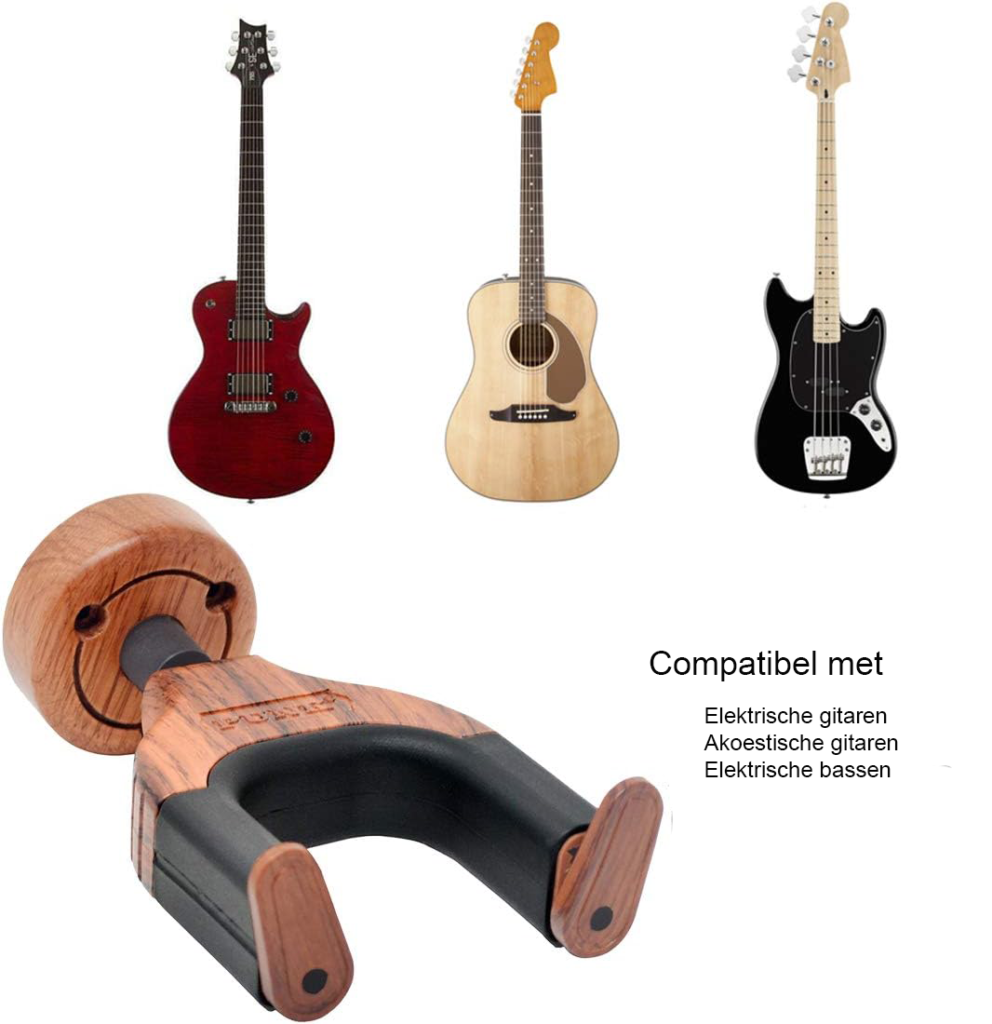 Gitaar wandhouder met automatisch sluitmechanisme en houten basis voor gitaar en basgitaar