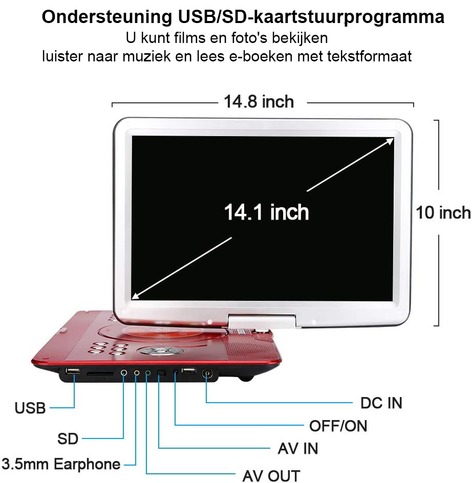 Draagbare DVD speler 16.9 inch met MP3 speler en afstandsbediening rood