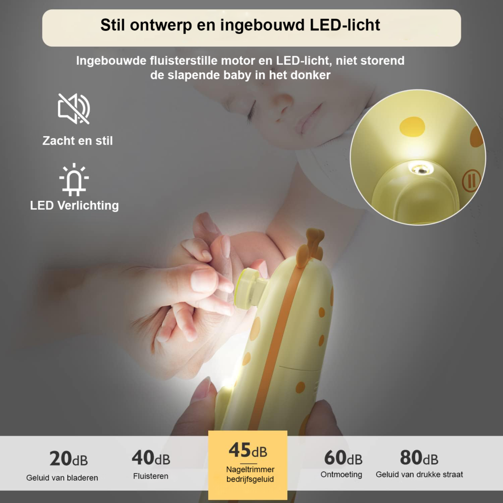 Elektrische baby nagelvijl met LED licht en 10 slijpkoppen voor veilige nagelverzorging in oranje