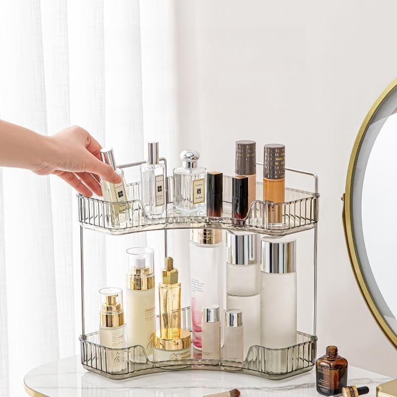 Make-up organizer met 2 lagen in grijs voor cosmetica, parfum en huidverzorging, 25,5 x 16,5 x 29,5 cm