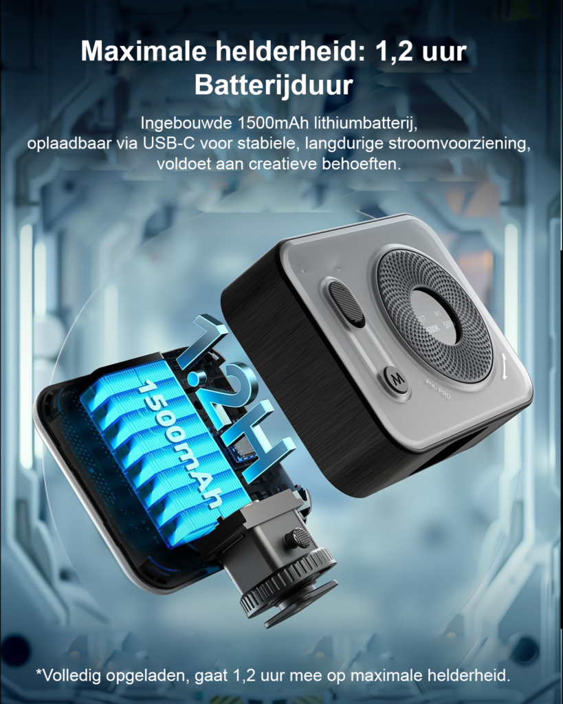 Spatwaterdichte LED videolamp voor camera met koudschoenbevestiging en instelbare kleurtemperatuur