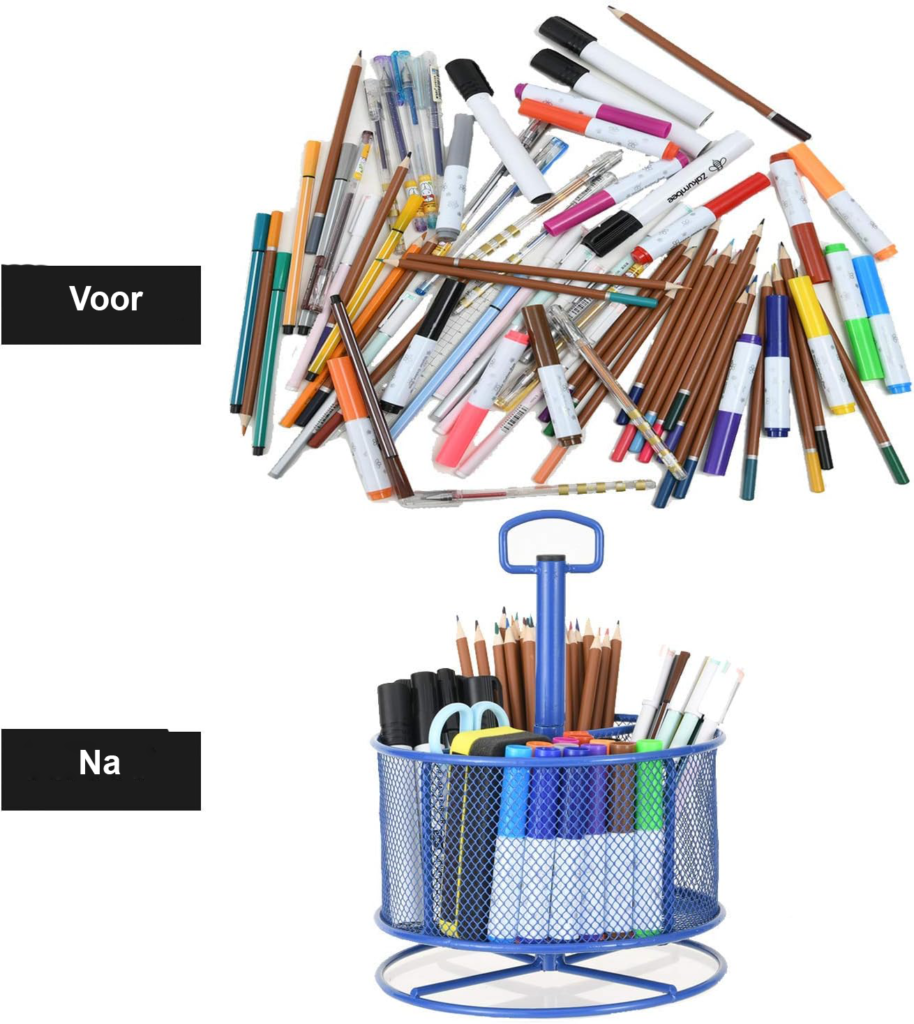 Zwarte bureau organizer van mesh met 360° draaibare pennenhouder en 4 compartimenten