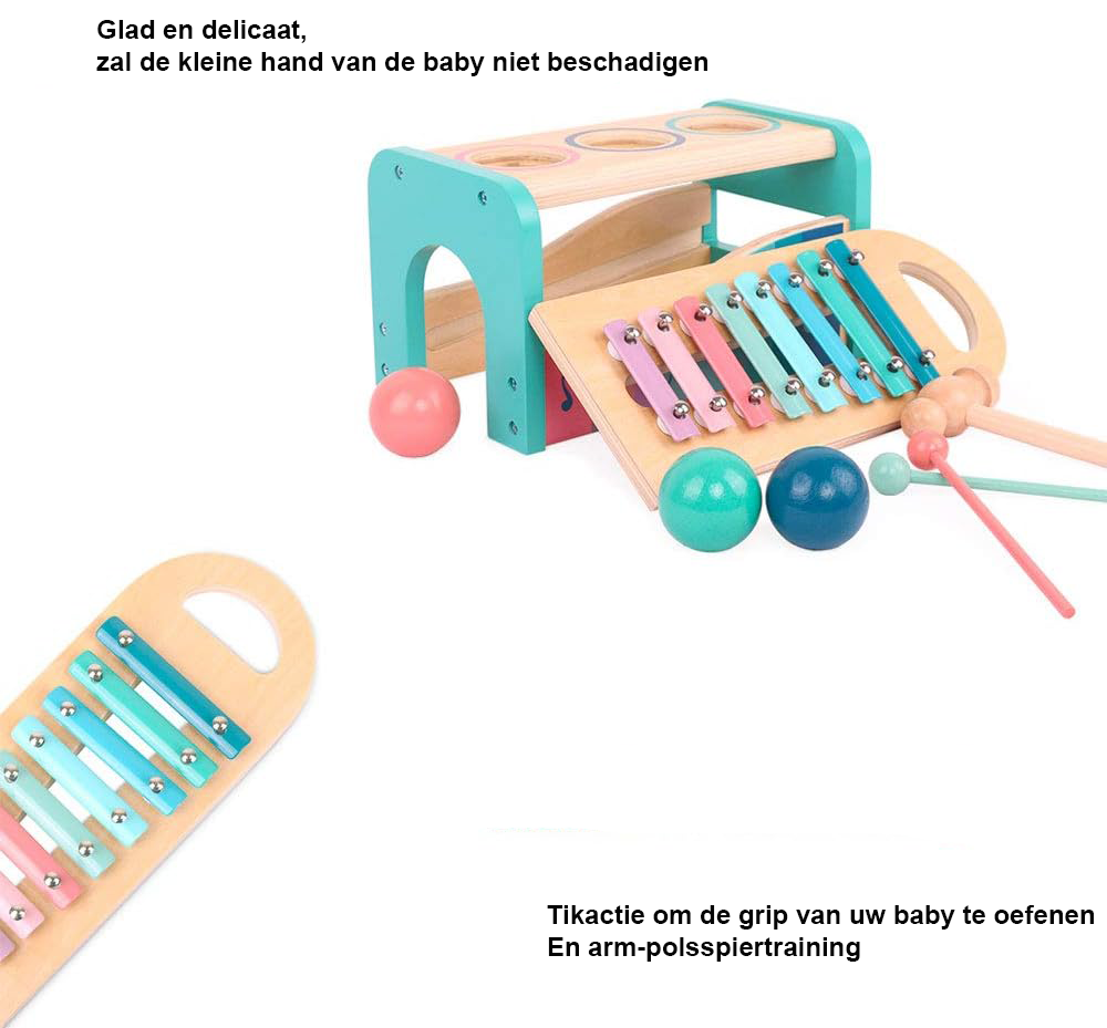 Houten ponsbank speelgoed met xylofoon, hamer en houten ballen voor peuters, motorisch en sensorisch activiteitenspeelgoed