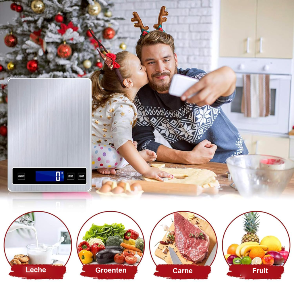 Digitale keukenweegschaal 15 kg met LCD-display, RVS, gehard glas en nauwkeurigheid tot 1 gram