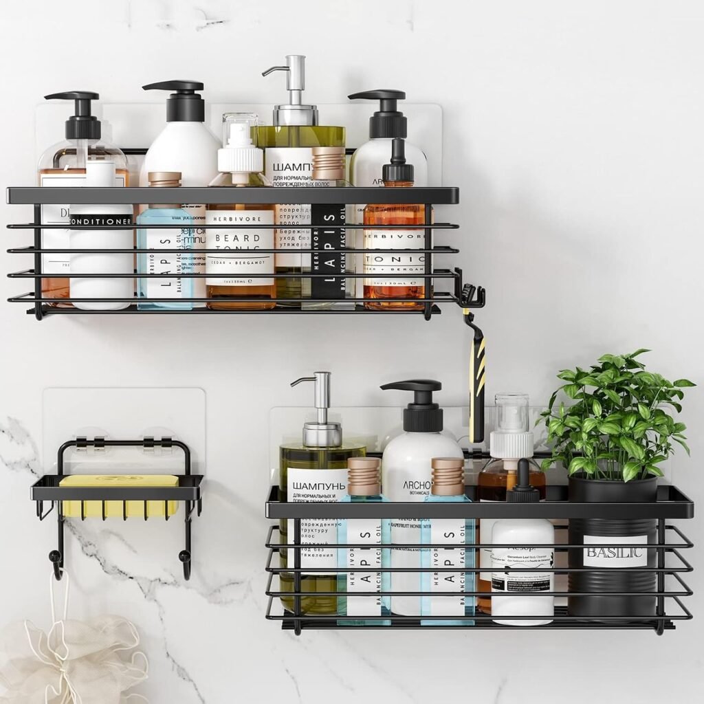 Zwarte douche organizer set van 3 met zelfklevend doucherek, zeepbakje en haken