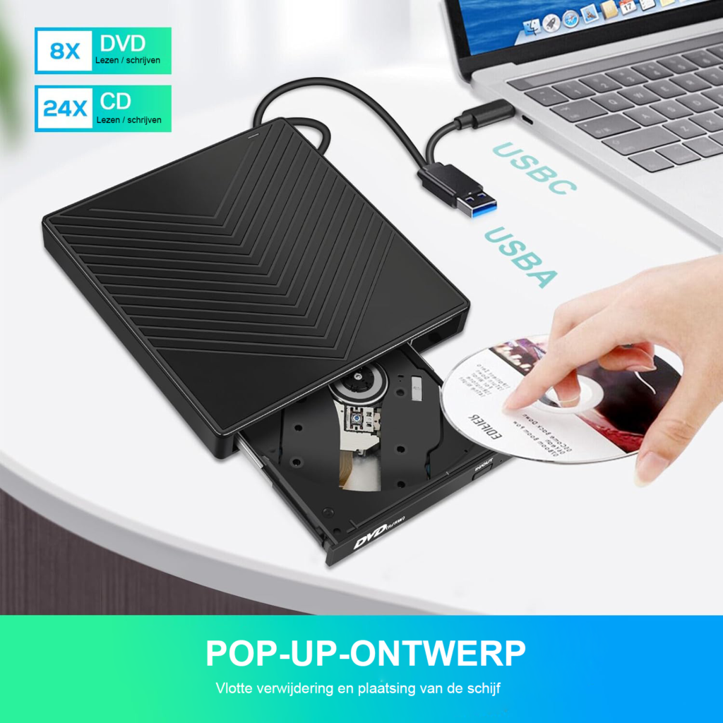 Externe CD/DVD-speler met USB 3.0, USB-C, SD- en TF-kaartlezer voor laptop en pc