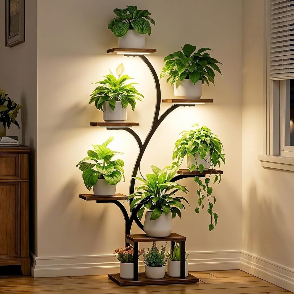 Plantenrek met groeilamp voor binnen, 7-laags metalen plantenstandaard met LED-verlichting en hoekmodel, 124,5 cm hoog