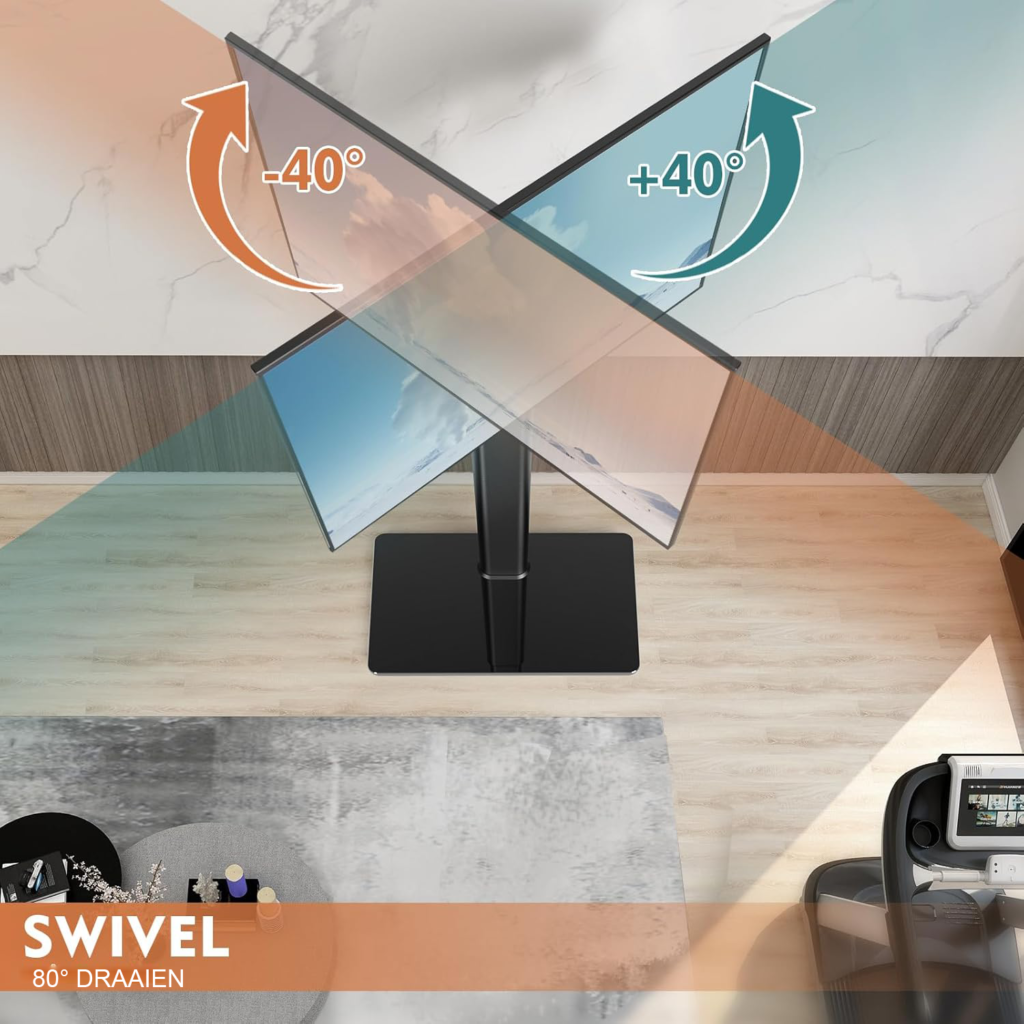 Universele TV standaard op voet, 80° draaibaar en in hoogte verstelbaar, geschikt voor 27-55 inch LCD, LED en OLED tv's