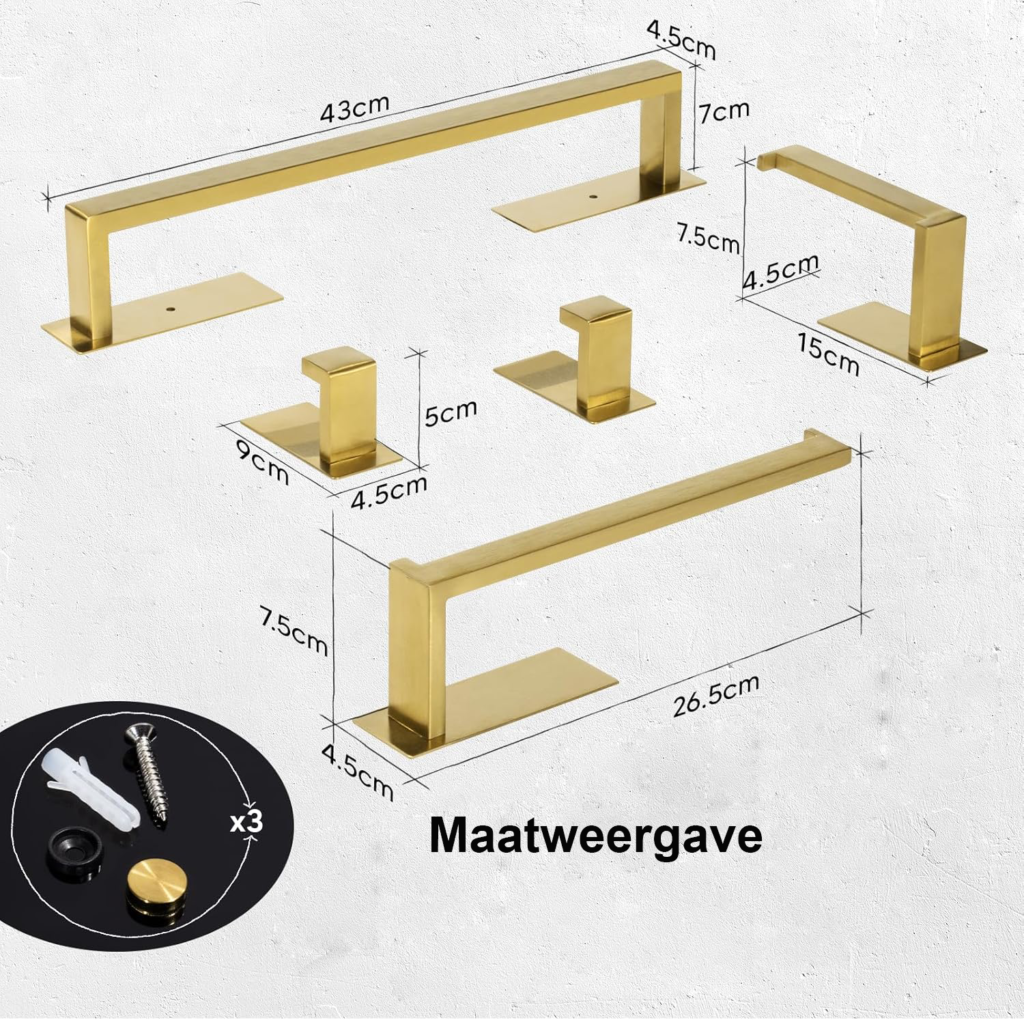 Wandgemonteerde handdoekrek set met 5 stuks RVS handdoekrails en handdoekhaken in gouden afwerking voor badkamer en keuken
