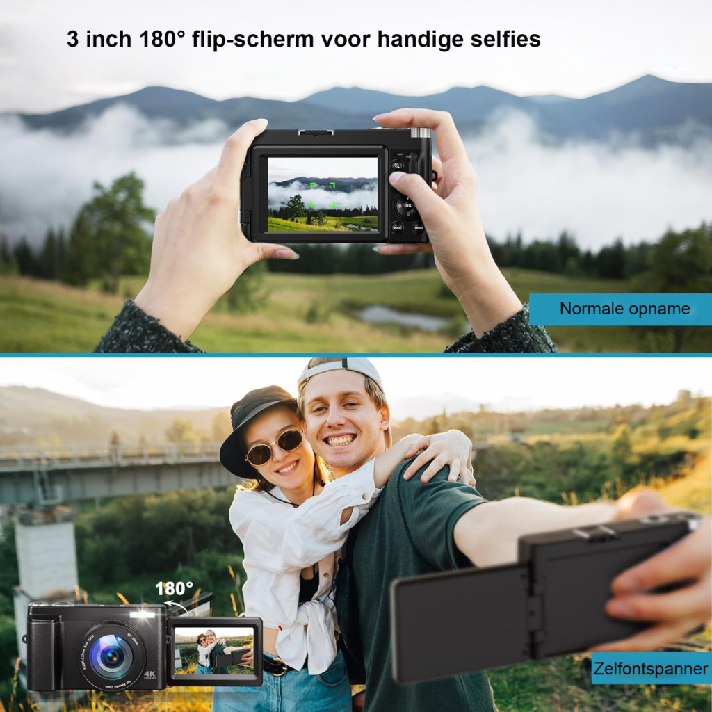 Digitale 4K camera met 48MP autofocus, 180° flip screen, 16x digitale zoom en 32GB geheugenkaart