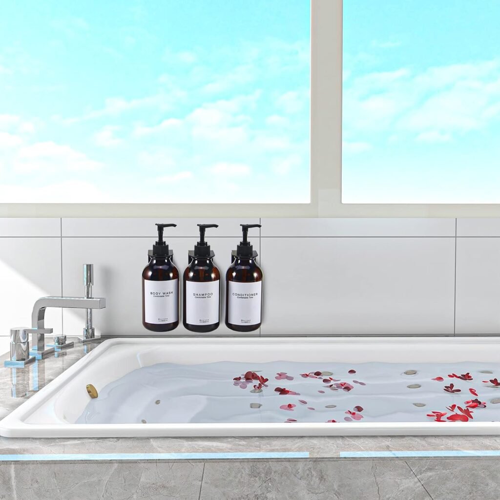 Navulbare shampoo en conditioner dispenser set met 3 flessen voor wandmontage in de douche, bruin met pomp en waterdichte labels