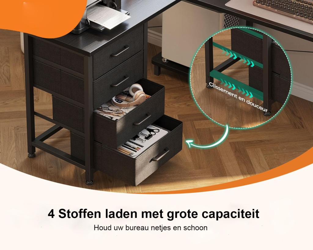 L-vormig bureau met lades, stopcontacten en USB-oplaadpoort, 135 x 100 cm, zwart