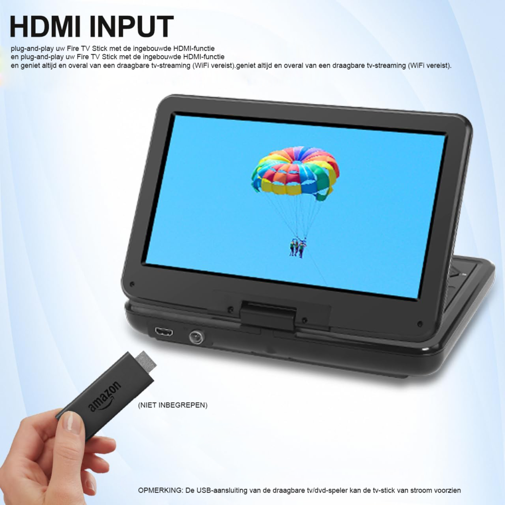 Draagbare DVD-speler 10,1 inch met DVB-T2 TV, draaibaar LED-scherm en USB-, HDMI- en AV-aansluitingen