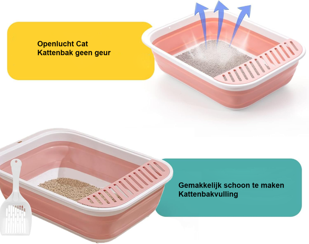 Kattenbak voor Oudere Katten - Lage Open Kattenbak met Schep - Senior Katten Toilet met Eenvoudige Toegang - Geschikt voor Reizen