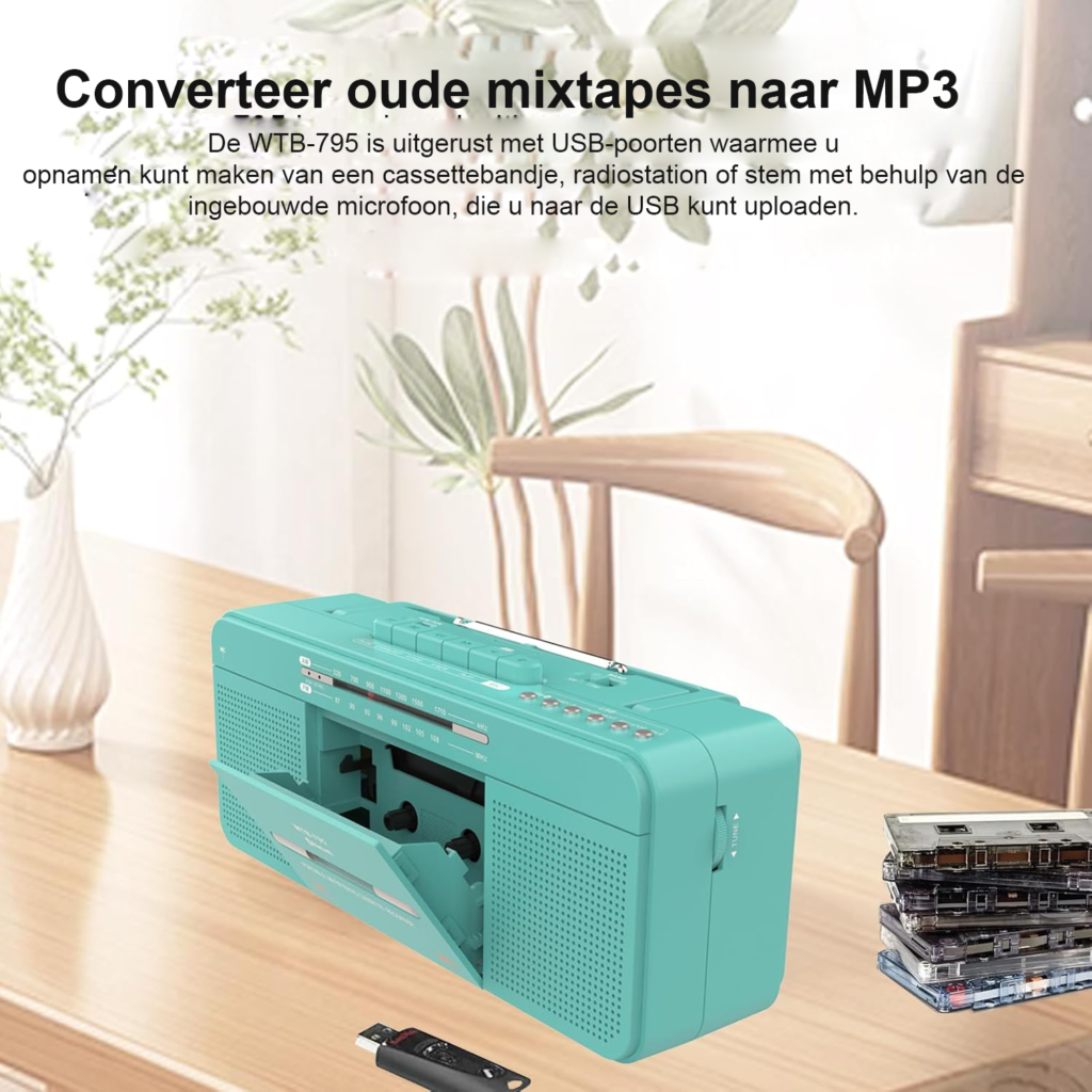 Retro cassettespeler met USB, Bluetooth, AM/FM-radio en cassette-naar-MP3-converter in groen