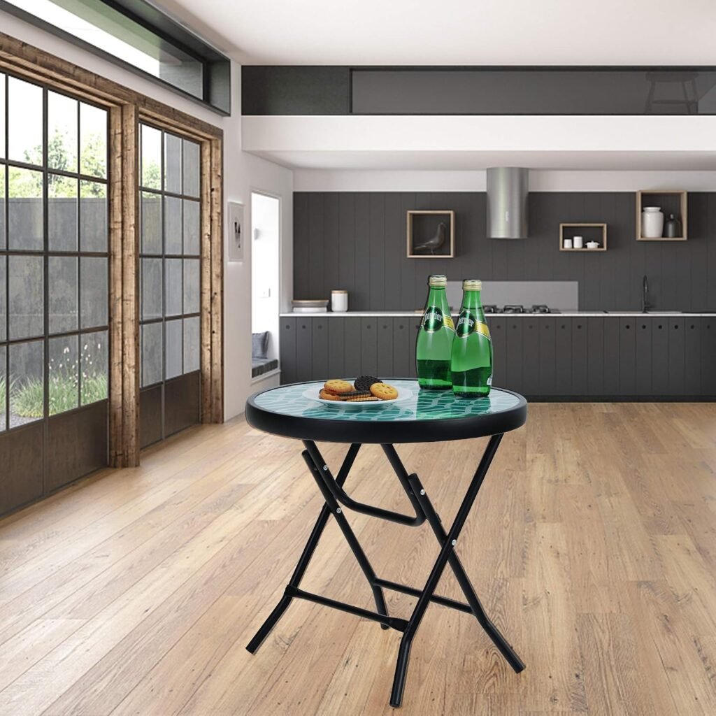 Ronde opvouwbare bijzettafel met glazen tafelblad en metalen frame voor balkon, tuin, terras en woonkamer