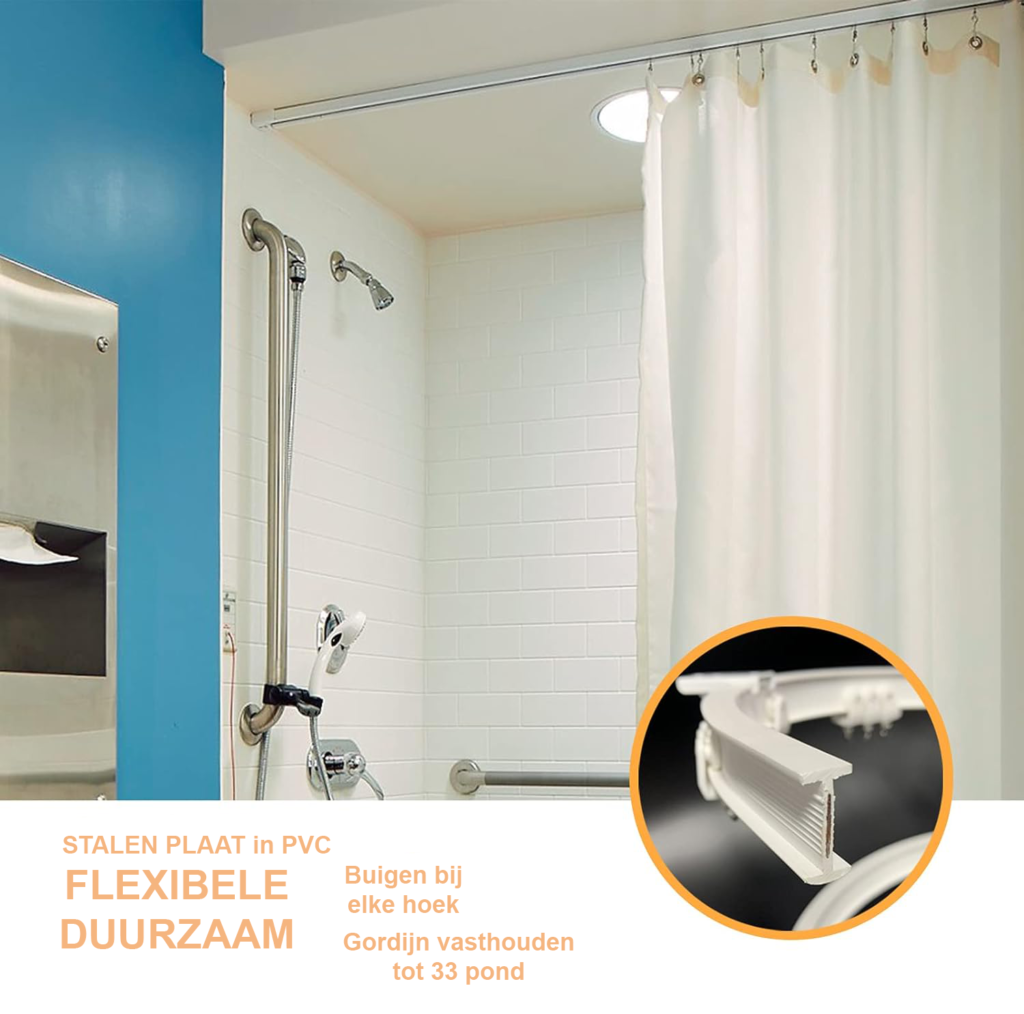 Flexibele plafond gordijnrail 5 meter met buigbare rail en dempende rollers voor douche, raamkozijn en camper
