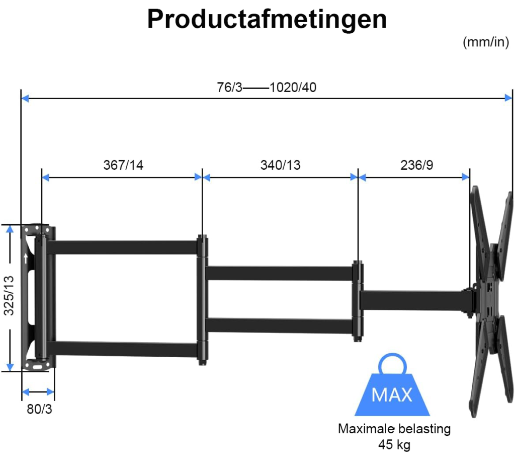 TV muurbeugel 26-65 inch met uitschuifbare arm, draaibaar en kantelbaar, VESA 400x400 mm, tot 40 kg