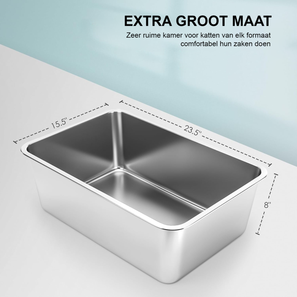 Grote RVS kattenbak 60 x 39,5 x 21 cm met antiaanbaklaag en antislip rubberen bodem