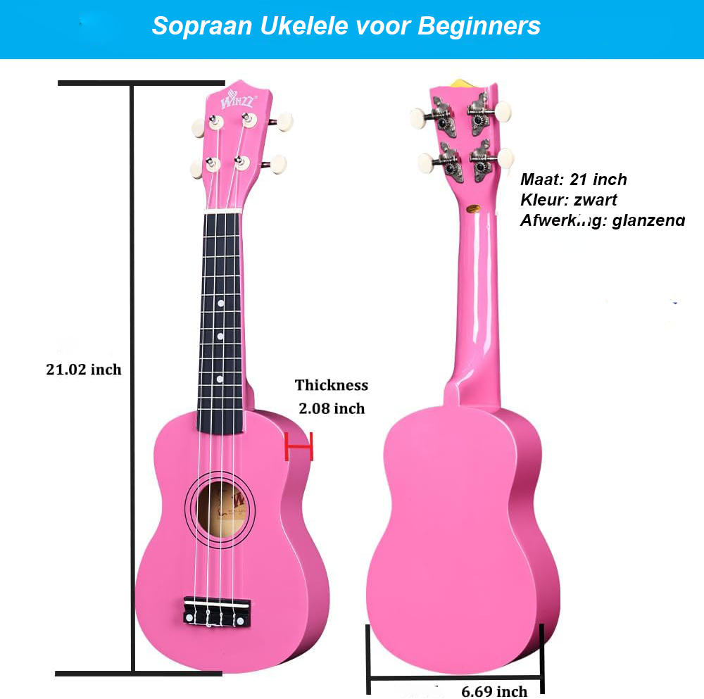 Sopraan ukulele beginners set 21 inch met draagtas en accessoires in roze rood
