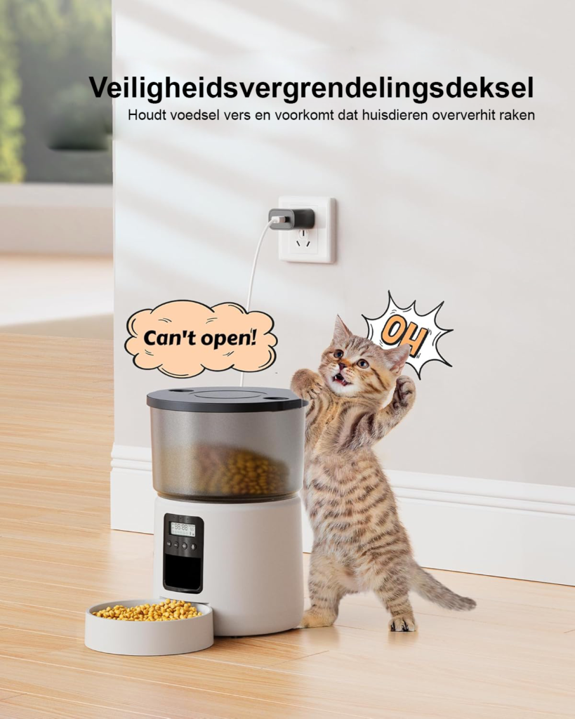 Automatische voederautomaat 3 liter met programmeerbare timer, 1-6 maaltijden per dag, drukdeksel en opnamefunctie in wit