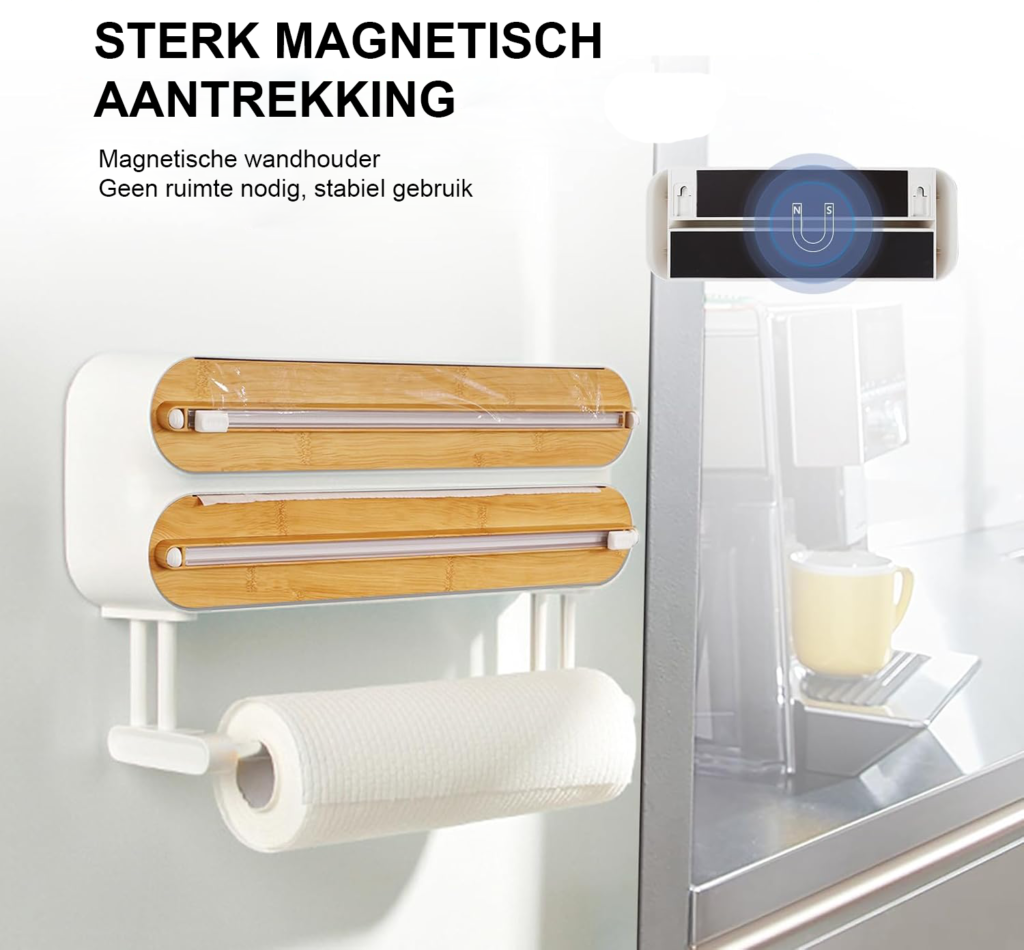 Houten vershoudfolie dispenser met magnetische aluminiumfoliehouder voor 3 rollen en scherp snijmes