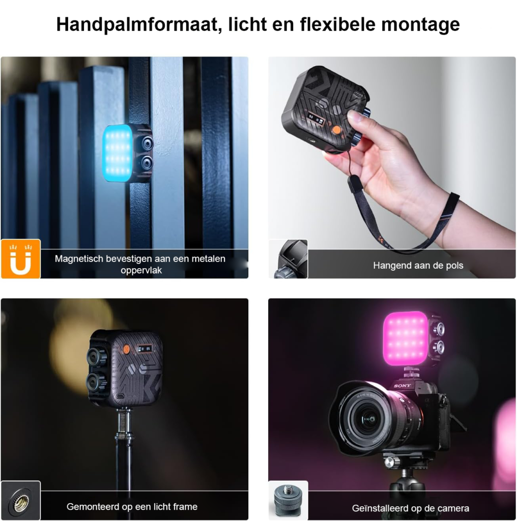 RGB videolamp met 60 LED’s, 360° full color, 21 lichteffecten en 2000mAh accu
