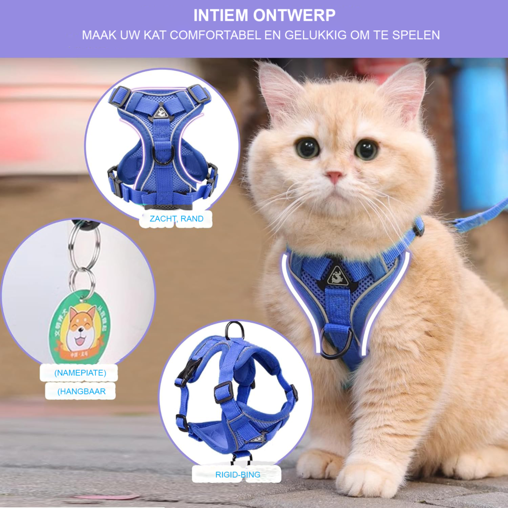 Verstelbaar blauw kattenharnas met 150 cm kattenriem, maat M, van polyester voor wandelen met de kat