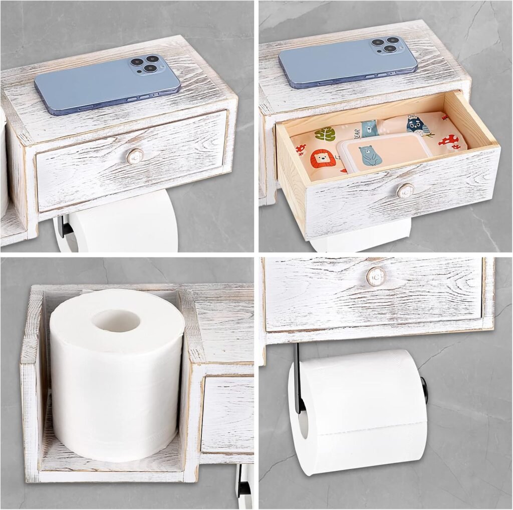 Toiletpapierhouder met plank van grenen hout in vintage wit met opbergruimte