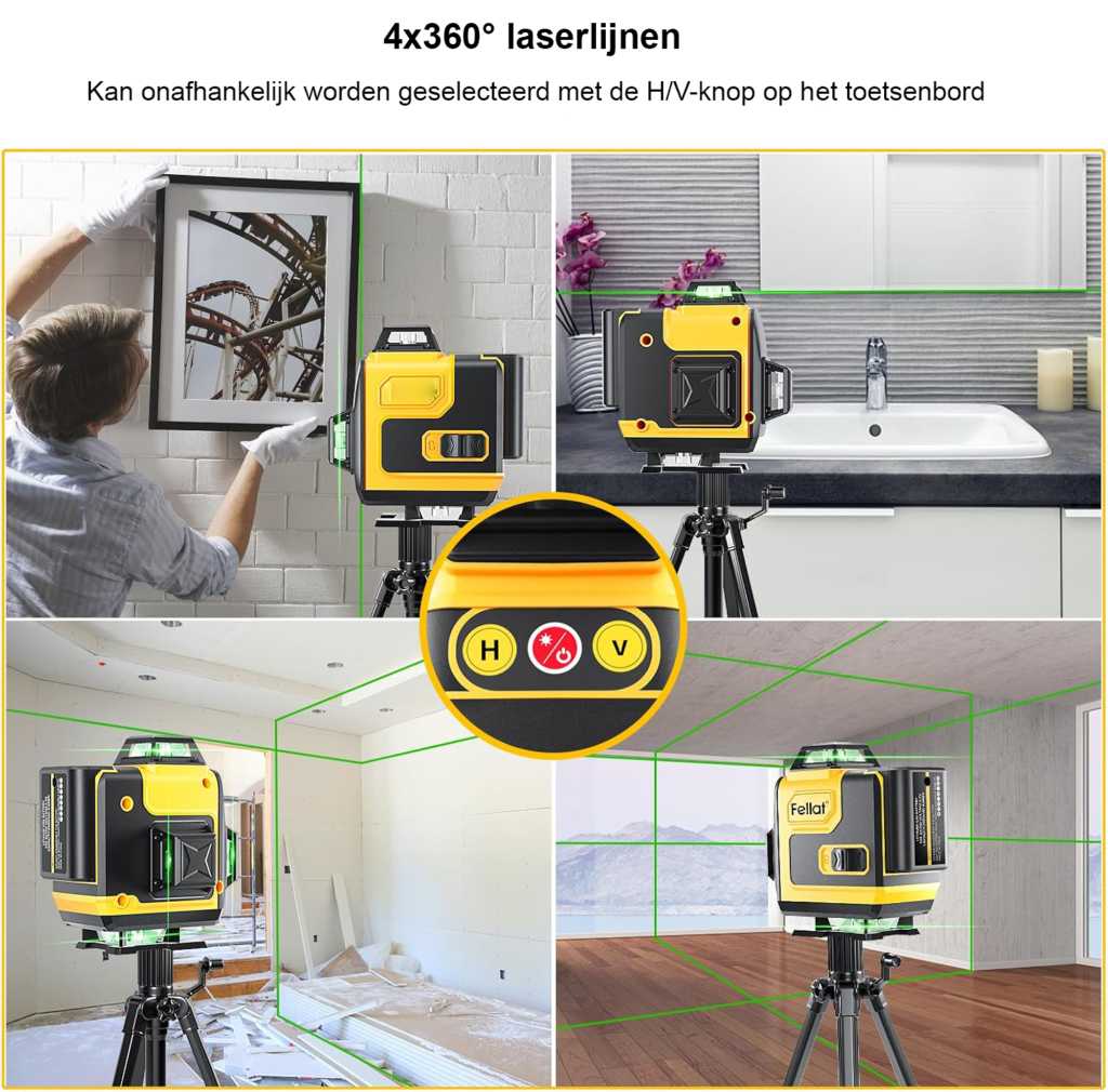 4x360° Kruislijnlaser met 16 laserlijnen, zelfnivellerende laser met horizontale en verticale lijnen voor nauwkeurig meten
