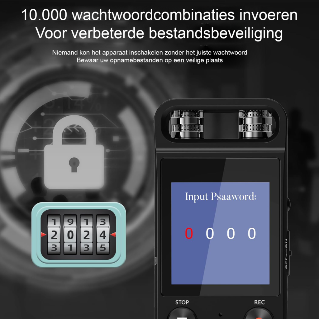 Digitale voice recorder 80G met HD-opname, 720° surroundmicrofoon en wachtwoord voor vergaderingen en notities