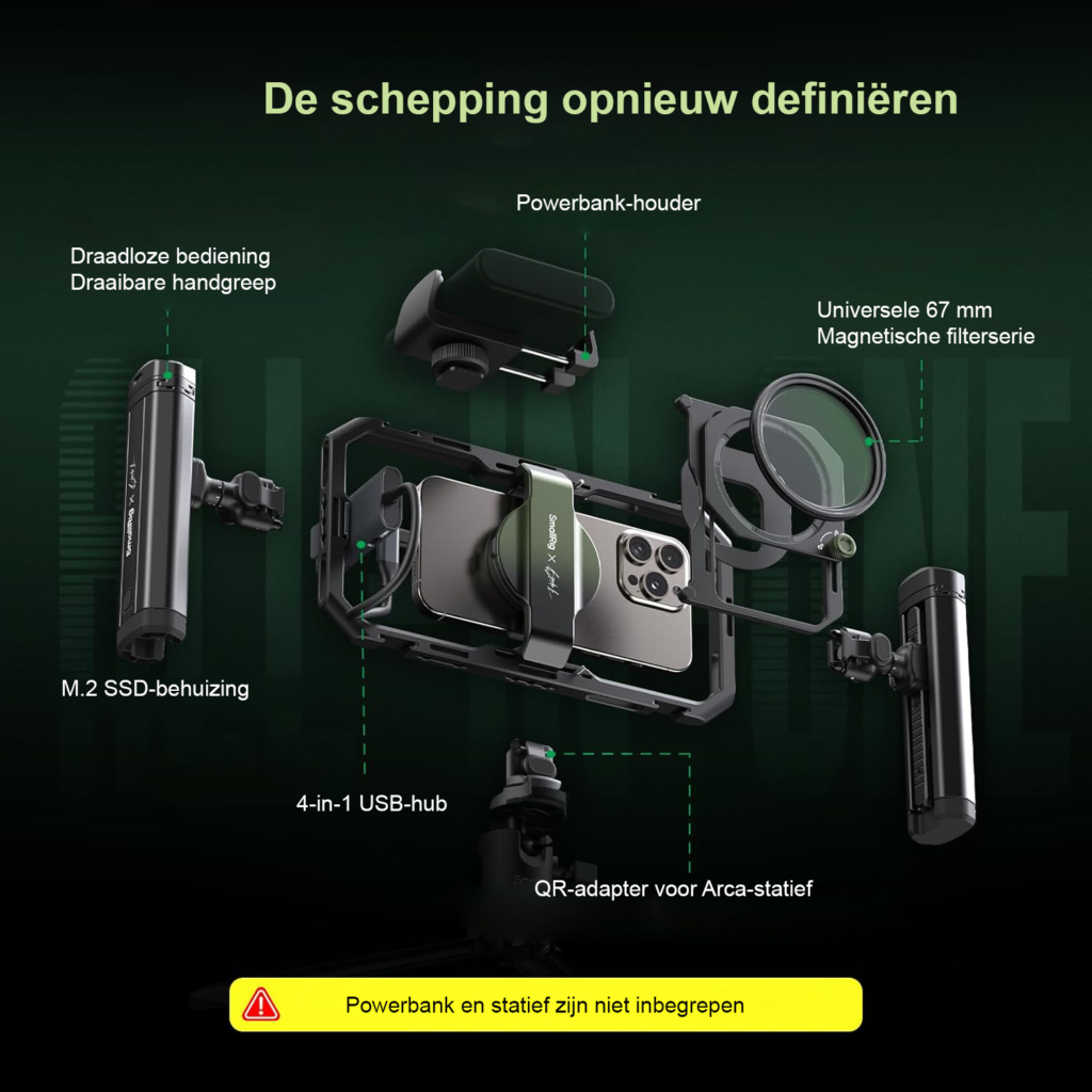 Universele aluminium video rig voor smartphone met quick release systeem en 67mm VND-filter voor iPhone, Samsung en Pixel
