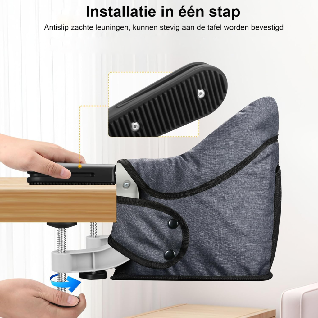 Opvouwbare kinderstoel met eetblad en transporttas, grijs, voor peuters thuis en onderweg