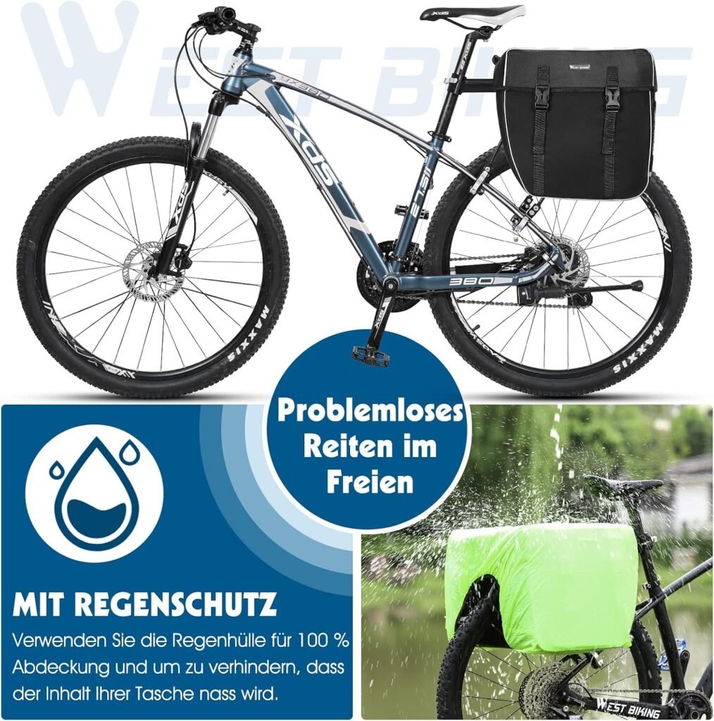 Dubbele fietstas 30 liter, waterdichte bagagetas met regenhoes en draagriem, scheurvast model voor pendelaars