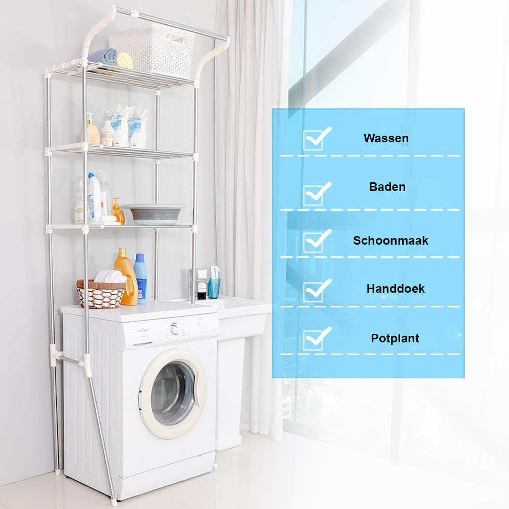 Boven wasmachine rek met 3 lagen, verstelbare breedte en ophangstang, 61-97 x 49,5 x 210 cm