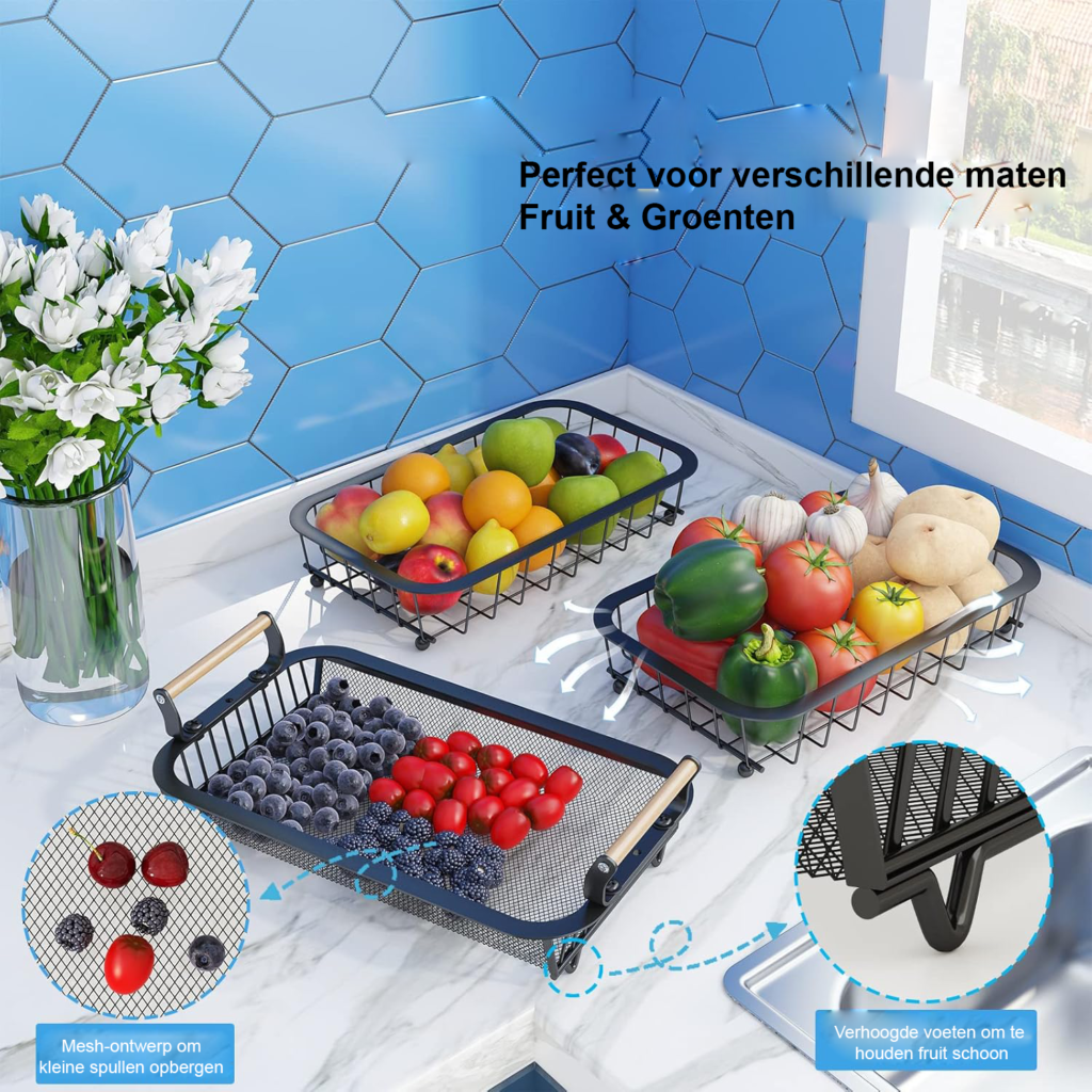 Zwarte 3-laagse fruitmand met 2 bananenhangertjes en metalen mesh mand
