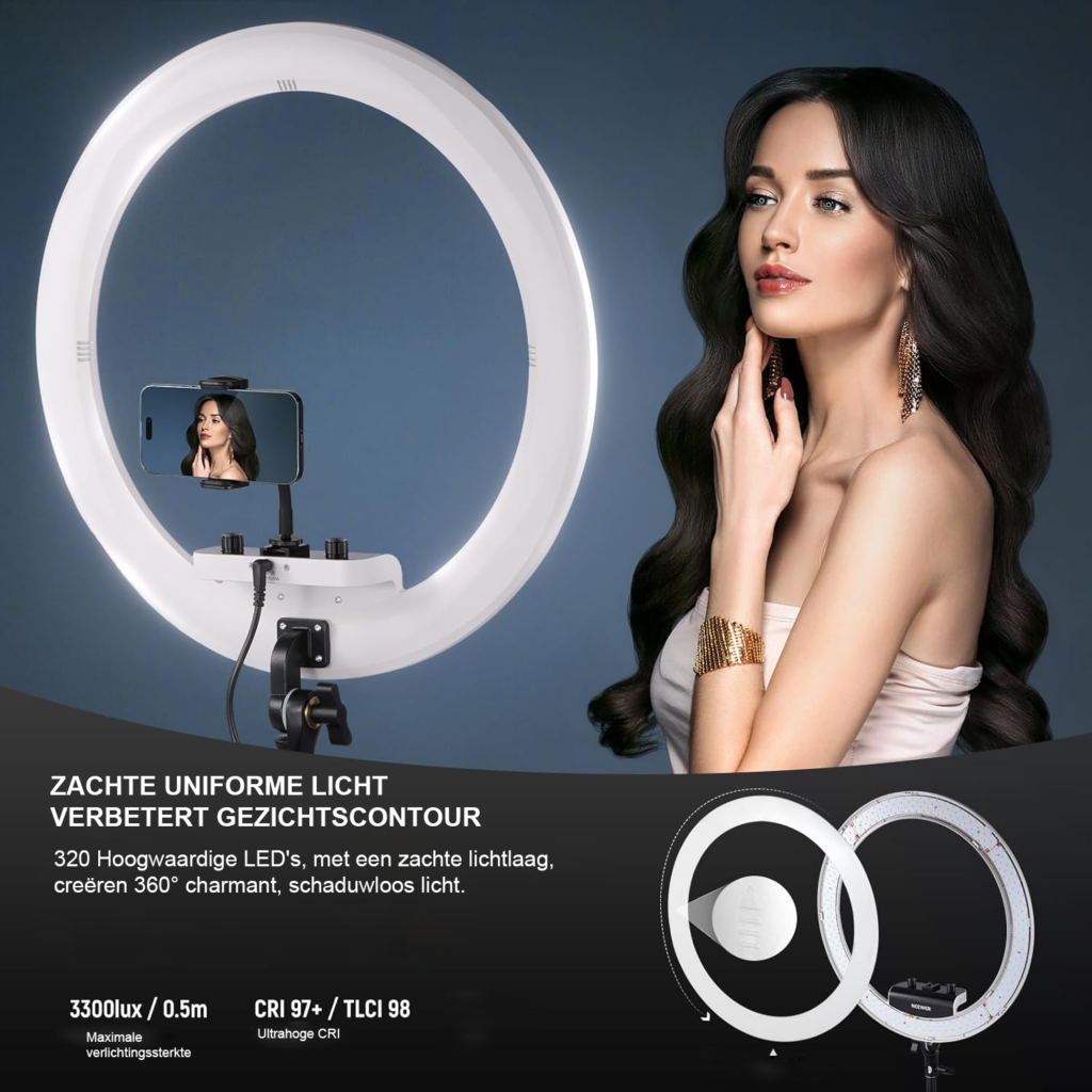 Professionele ringlamp 18 inch met statief en telefoonhouder, 45W LED-verlichting voor make-up en livestreams