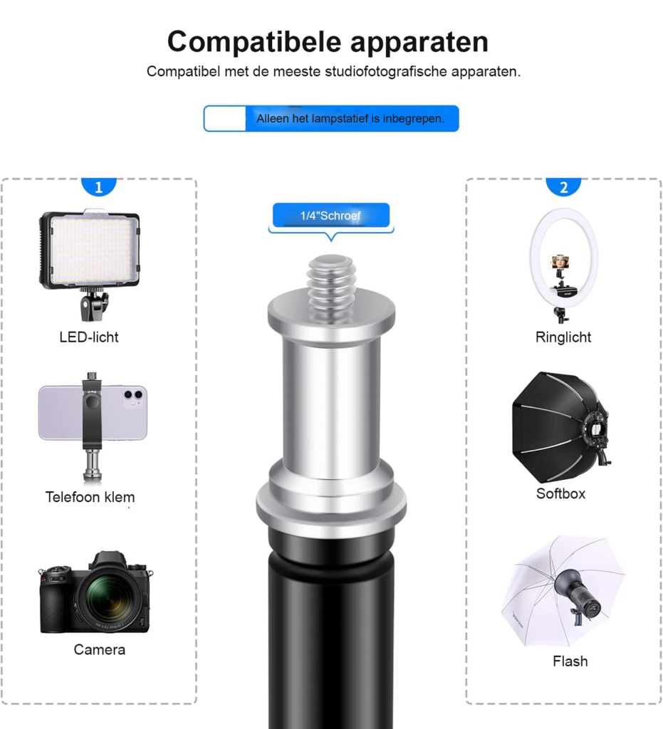 Aluminium lichtstatief 190 cm zwart voor studioverlichting en softboxen, set van 2 stuks