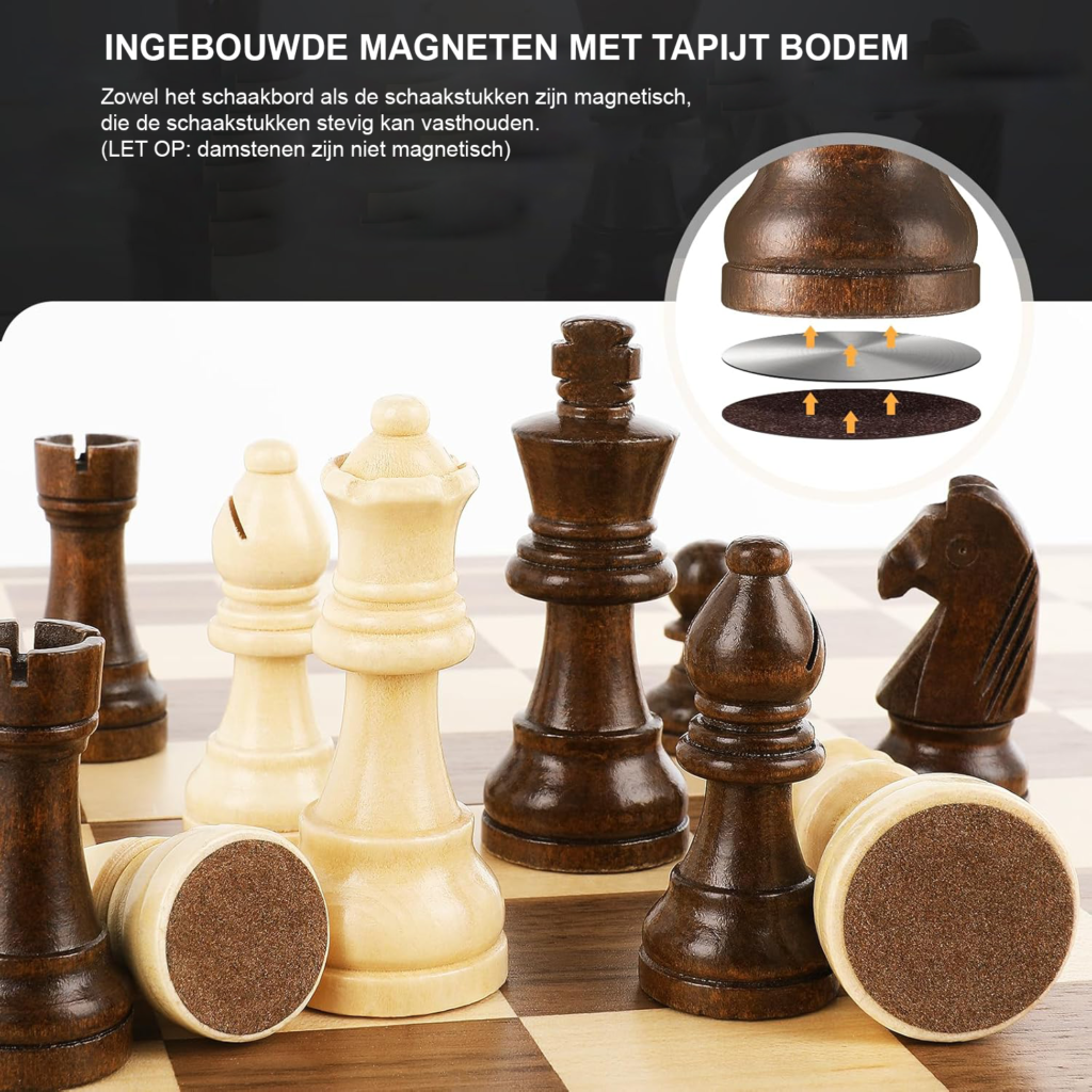 2-in-1 schaak- en damspel van walnoothout met magnetische schaakstukken en vouwbaar bord 39x39 cm