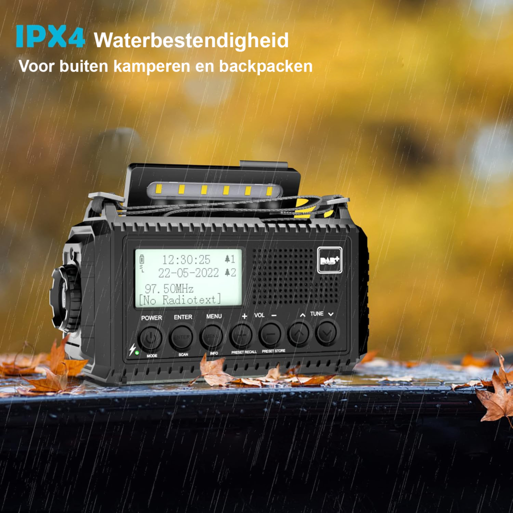 Draagbare DAB+ FM noodradio met 5000mAh batterij, solar opladen, LED zaklamp, leeslamp, SOS alarm en powerbank, IPX4 waterbestendig