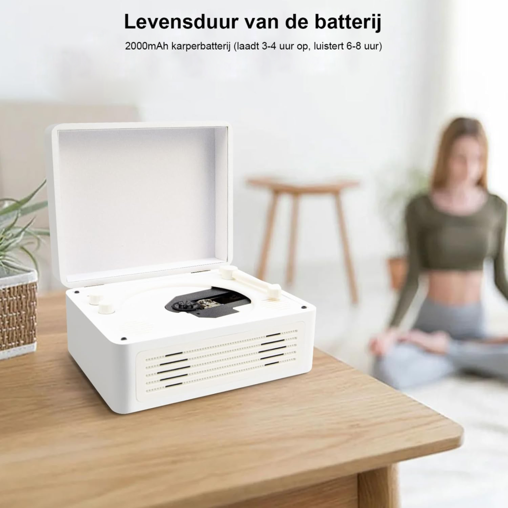 Witte houten draagbare CD-speler met Bluetooth 5.4 en Hi-Fi speakers