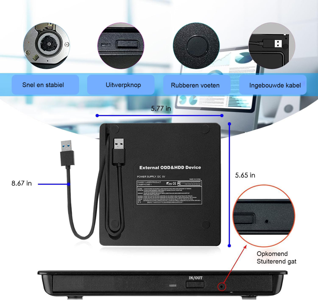 Externe DVD-brander USB 3.0 voor laptop en desktop, geschikt voor CD-RW en DVD-R, compatibel met Windows en Mac